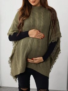 SHEIN Suéter holgado de maternidad con diseño de flecos, mangas de murciélago y cuello de tortuga con patrón de cable, otoño - Verde militar - Ver 1