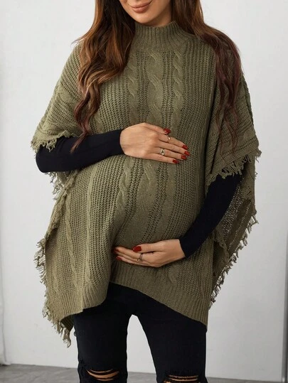 SHEIN Suéter holgado de maternidad con diseño de flecos, mangas de murciélago y cuello de tortuga con patrón de cable, otoño