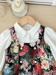 SHEIN 2-Pack Baby Girl Elegant Khaki Long-Sleeved Shirt Floral Pattern Dress Set,Cute Autumn Party Outfit,Black And White,Ideal For Wedding,Birthday,School - Multicolor - View 6