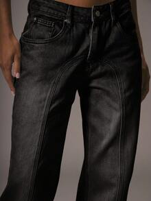 MUSERA 中腰修身直筒牛仔裤，带腰带环，90年代春季可爱夏季音乐会冬季纳什维尔绿洲休闲时尚款 - 黑色 - 查看 5