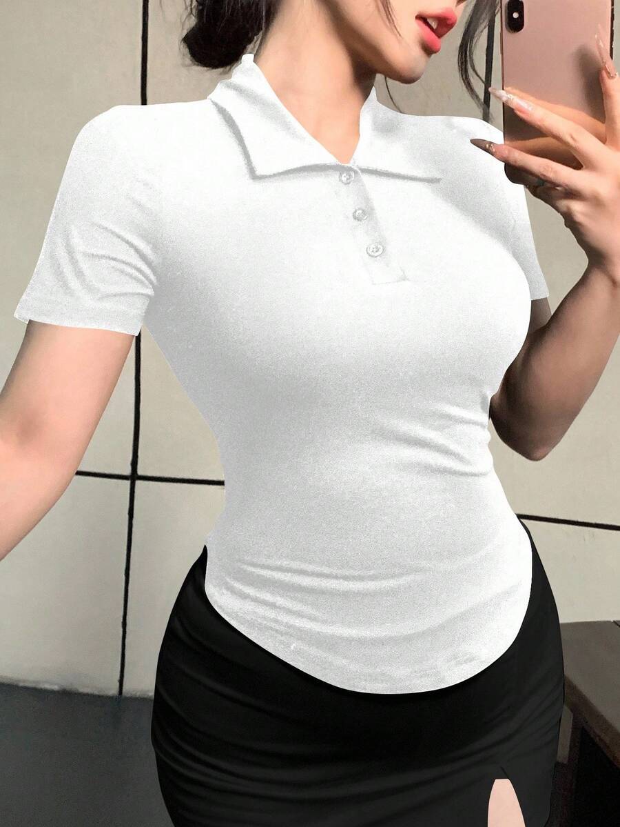 DAZY Women Sexy Form-Fitting Polo Collar Short Sleeve T-Shirt, Summer - White - View 1