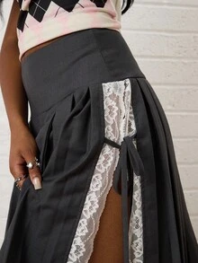 COUREZ Rok Midi Lipit Potongan Rapi dengan Pinggang Lebar / Gaya Y2K untuk Pesta Musim Semi, Gothic, Klub, Seksi - Grey - View 6