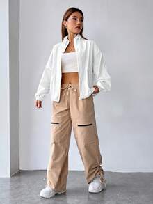 SHEIN EZwear Áo khoác nữ tay dài dệt cổ đứng màu trơn có khóa kéo Áo khoác nhẹ có khóa kéo Áo khoác Y2K cho mùa thu/đông - trắng - Xem 3