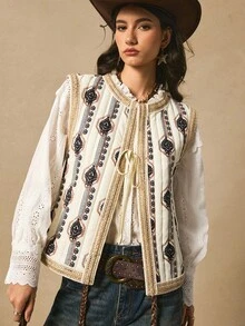 Easelle Women's Floral Pattern Ribbon Tie Front Casual Vest Jacket, Winter And Autumn Women's Clothing, Padded Jacket, Pattern Details, Autumn And Winter Coat - Multicolor - View 8