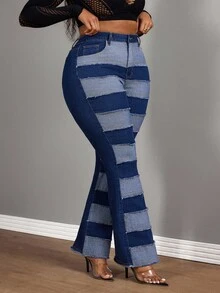 Slaydiva Winter Outfit Plus Size Women Cowgirl Style Blue Elastic Patchwork Straight Leg Jeans, Fall Outfit