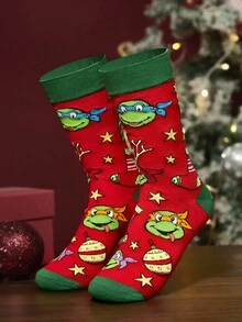 TEENAGE MUTANT NINJA TURTLES | SHEIN 柔軟透氣吸濕休閒中筒襪 薑餅節慶紅配色 強化趾尖與足跟耐穿 中性款聖誕禮物 - 彩色 - 查看 3