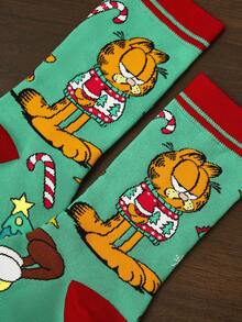 GARFIELD | SHEIN 柔軟透氣吸濕休閒中筒襪 薑餅人圖案 節慶綠 中筒襪 加強耐用 中性款 冬季禮物 - 彩色 - 查看 3