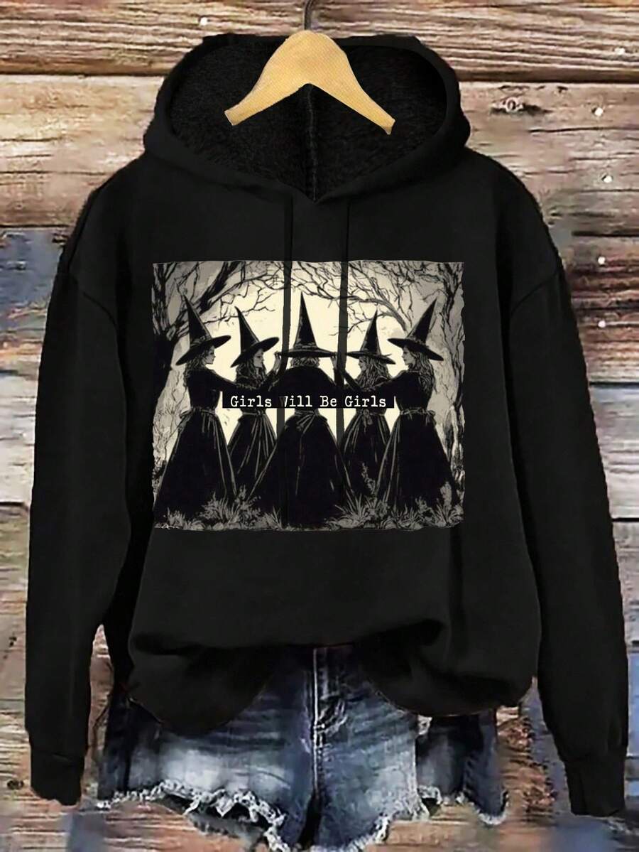 EMERY ROSE Plus Size Women Halloween Witch Print Dropped Shoulder Drawstring Hoodie Sweatshirt, Thick Fabric, Suitable For Autumn/Winter Halloween Costumes