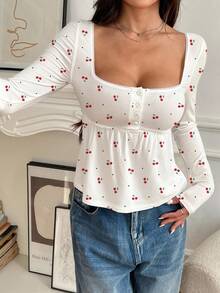 SHEIN EZwear Áo sơ mi dài tay cài nút họa tiết trái tim anh đào thường ngày dành cho nữ - Nhiều màu - Xem 3