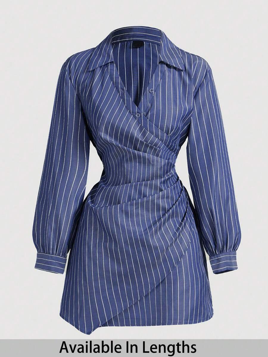 SHEIN PETITE CURVE Plus Size Navy White Stripe Print Cross-Wrap Ruffle Long Sleeve Women Dress,New Year Dress,Business,Beach Outfits - Navy Blue - View 1