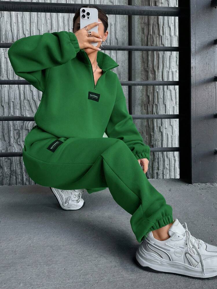EURMUSE Cotton Letter Patched Drop Shoulder Half Zip Sweatshirt & Sweatpants - Green - View 3