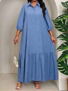 SHEIN Lady 秋季女装商务休闲女士办公室服装女士休闲连衣裙大码婚礼宾客礼服大码连衣裙 - 藍色 - 查看 5