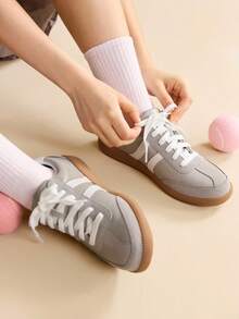 CUCCOO EASI Women's Round Toe Patchwork Design Casual Comfortable PU Leather Flat Athletic Sneakers, Versatile For Daily Casual Wear - Dark Grey - View 9