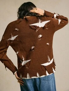 SoleilVie Suéter de 2 en 1 con contraste de color y efecto desgastado, otoño/invierno - Marrón - Ver 2