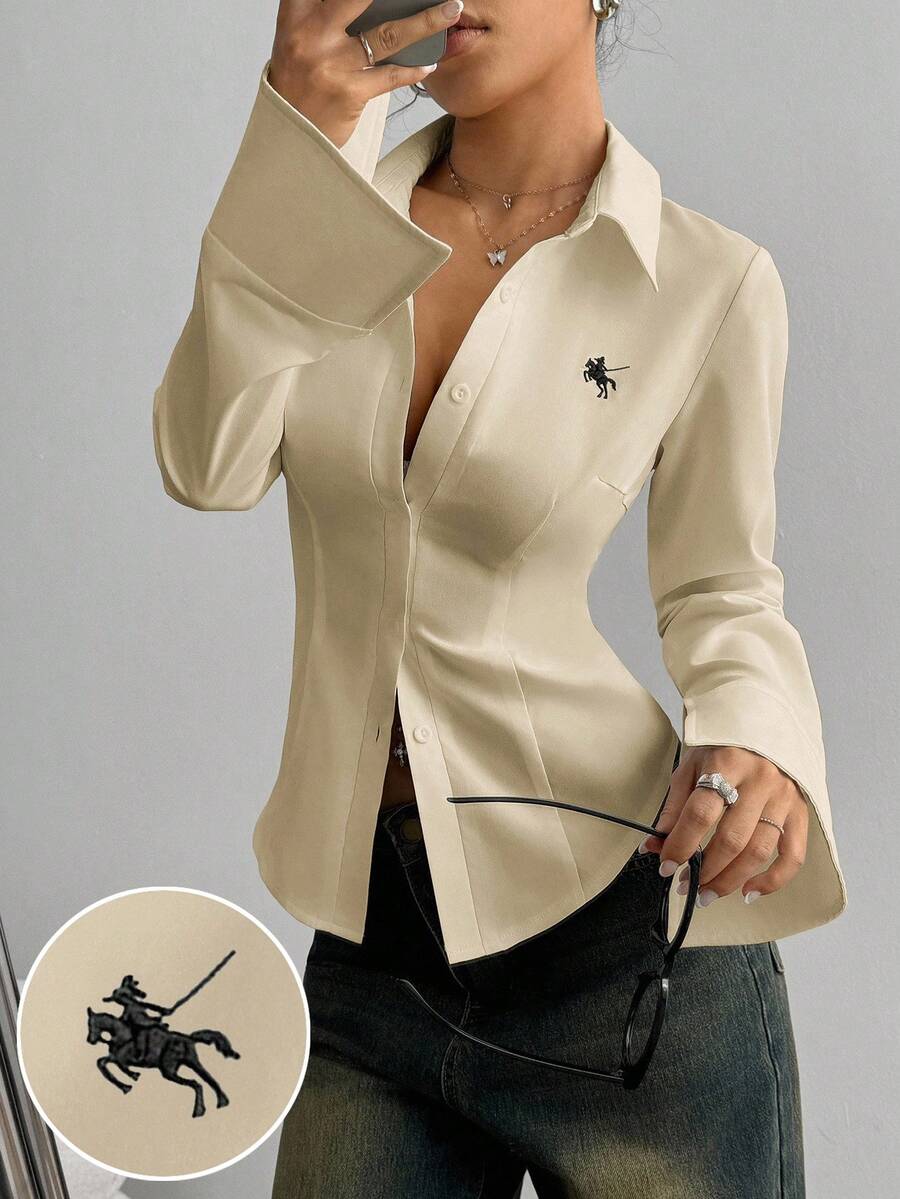 TRNVIE Women's Casual Autumn Knight Embroidery Front Button Waist Fitted Shirt - Light Yellow - View 1