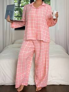 SHEIN Plus Size Plaid Print Ruffle Collar Top & Pants Pajama Set, Fall Winter Clothes, Cozy Outfit - Multicolor - View 5
