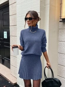 SHEIN Clasi Conjunto de 2 piezas de suéter de cuello alto de manga larga y falda mini de unicolor para mujer - Azul - Ver 3