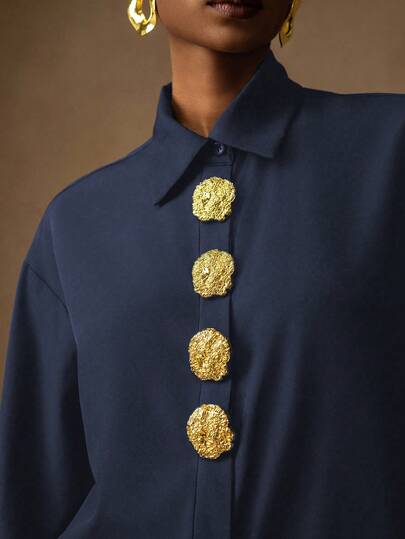 Vesra 女士优雅纯色花卉纽扣衬衫