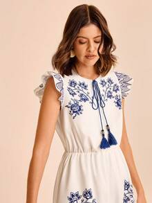 CAJUNI 女式花卉印花流苏荷叶边下摆休闲连体裤