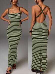 Athîral 女式条纹修身时尚吊带长裙 - 軍綠色 - 查看 6