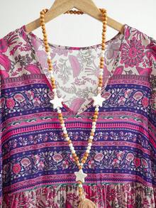 Rusticease Plus Size Country Boho Vacation Pastoral Comfortable Floral Positioning Flower Lotus Leaf Sleeve V-Neck Fitted Knee-Length Dress Suitable For Spring And Summer Wear Women Plus Sun Dress Women Summer Clothing Vacation Outfits Beach Outfits For Woman  Beach Vacation Outfits Beach Dress,Sundress Vacation Dress,Summer Dresses For Women,Dresses Casual - Hot Pink - View 4