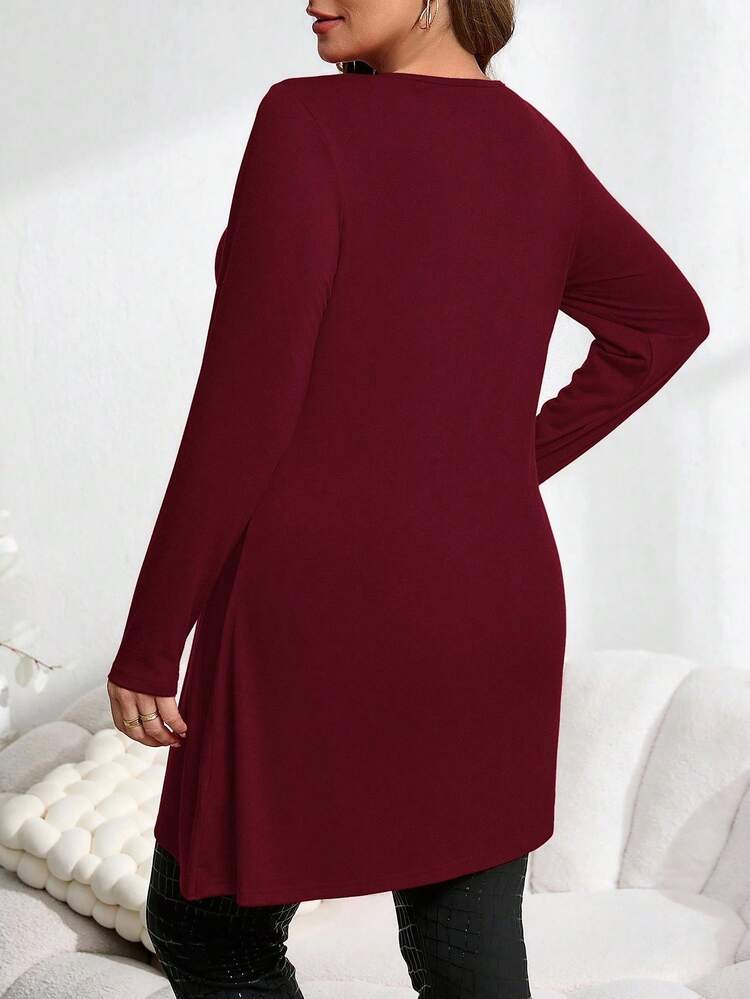 Plus Size Red Asymmetrical Hem Button Down Long Tee,Fall Women Clothes Women Curve Top Burgundy Plus Size Top Asymmetrical Hem Top Elegant Women's Blouses New Year Clothes Winter Clothes For Women  Fall Clothes For Women