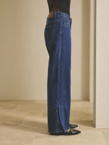 Aralina Winter / Fall Dark Wash Mid Rise Straight Leg Denim Split Hem Jeans Spring Winter Clothes Women Jeans Country Style Chic Pants For Women - Dark Wash - View 7