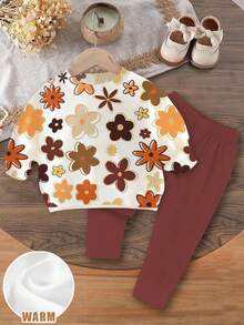 Emery Rose Kids Emery Rose Kids 女婴休闲可爱碎花卫衣和紧身裤两件套服装，柔软厚实圆领长袖套头衫和紧身裤，适合秋冬季 - 彩色 - 查看 3