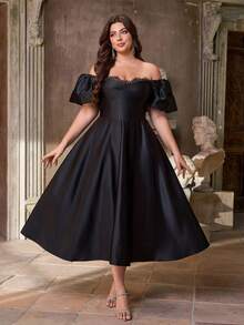 Aureia فستان أنيق وفاخر بأكمام مبالغ فيها وتفاصيل دانتيل على الكتف مع تنورة على شكل حرف A، مناسب للسهرات المسائية والمناسبات الخاصة كالمواعيد والعطلات والزفاف والتخرج والحفلات الراقصة