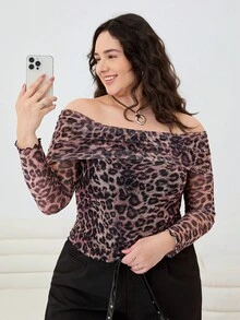 SHEIN EZwear 大码女式豹纹露肩长袖修身T恤，休闲 - 彩色 - 查看 1