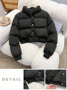 SHEIN 青少年女孩休闲宽松短款立领棉衣，简约风格，适合秋冬季、返校季 - 黑色 - 查看 6