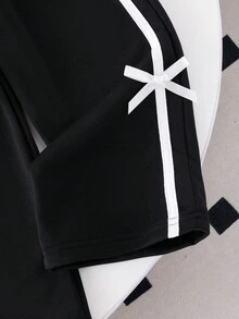 Sparklyn Young Girls Black Ribbon Bow Crew Neck Sweatshirt With Delicate Pearl Detail, Straight Leg Pocket Pants Set Fall Winter - Black - View 6