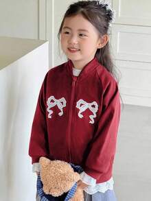 Genkimix Kids 女童休闲时尚运动插肩袖宽松蕾丝蝴蝶结刺绣贴花蕾丝边甜美时尚夹克 - 酒紅色 - 查看 5