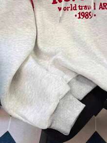 Resyla Plus Size Women Hoodie With Letter Print, Drawstring, Floral Trim, Long Sleeve, Casual, Autumn/Winter