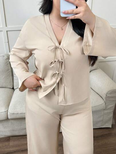 Modelyn Plus Size Women Solid Color Front Tie Dropped Shoulder Long Sleeve Shirt And Pants Casual 2-Piece Set