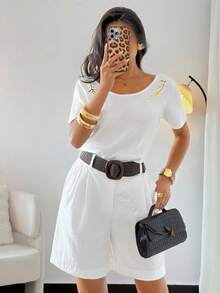 DAZY Women's Embroidered Fitted Breathable Backless Short Sleeve Knit Top - White - View 5