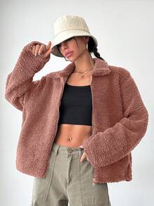 EURMUSE Women Casual Versatile Solid Color Fluffy Regular Jacket - Baby Pink - View 5