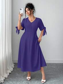 Elenzga Women's Solid Color V-Neck Bow Elegant Dress - Purple - View 7