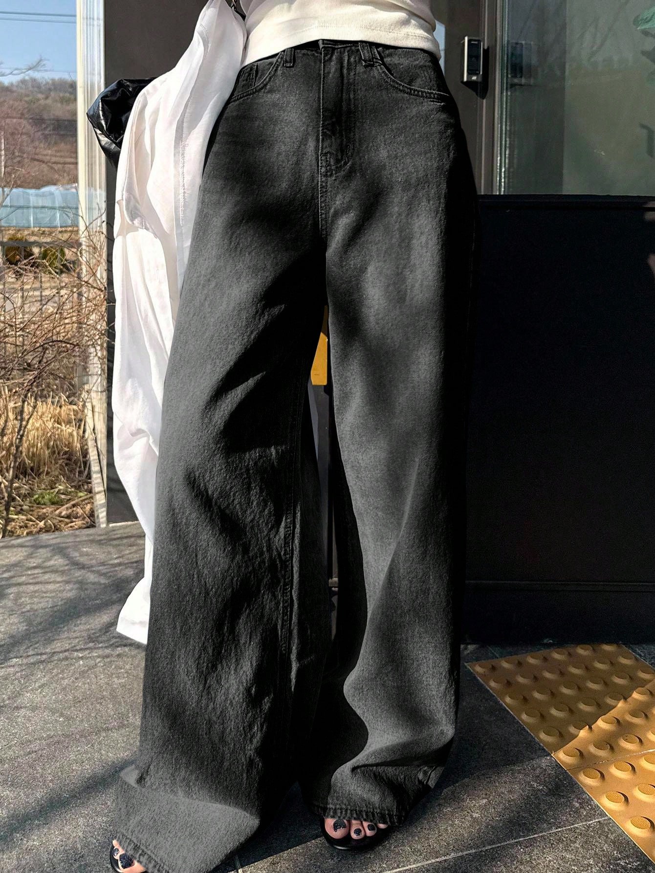 DAZY بنطلون جينز واسع الخصر مخصر، مستقيم الساق، بس...