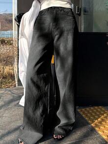 DAZY Jeans droits taille haute ample amincissants, minimaliste et polyvalent, pantalon confortable à longueur cheville pour femmes