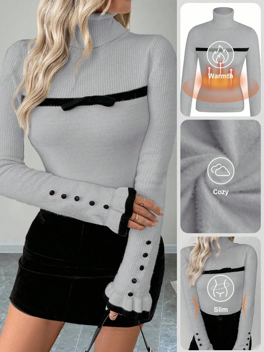 RosyDaze Women's Turtleneck Ruffle Button Design Long Sleeve Knit Pullover Sweater With Bow, Tight Fit Thermal Lining Winter Tops Women Gray Top Women Long Sleeve Tops Tops Cute Cute Long Sleeve Tops