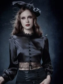 Glisette Women's Black Backless Bowknot Strap Elegant Casual Button Lace Patchwork Sexy Short Black Long Sleeve Satin Blouse - Black - View 4