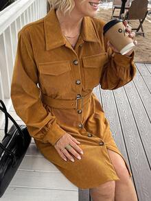 Vivie Lora Women's Corduroy Shirt Dress With Belt, Mid-Length School - Orange - View 6
