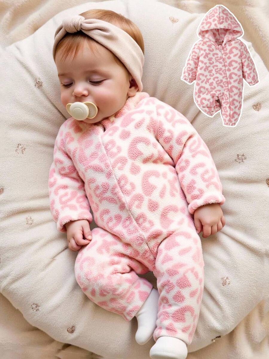 SHEIN 女婴休闲简约连帽拉链连体衣，冬季