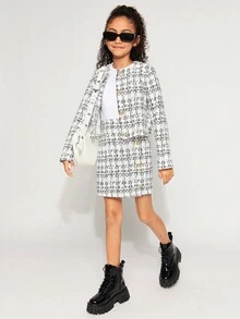 Radiana Conjunto de chaqueta de manga larga y minifalda ajustado de estilo urbano elegante para niñas preadolescentes, NOVA Shop