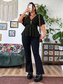 Vibekara Plus Size V-Neck Ruffle Sleeve Short Sleeve Women Solid Color Criss-Cross Wrap Casual Hem T-Shirt - Black - View 4