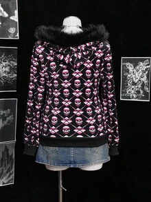 Sunspun Conjunto de gorro de punto suave con estampado vintage oscuro y chaqueta de manga larga para Halloween - Negro - Ver 2