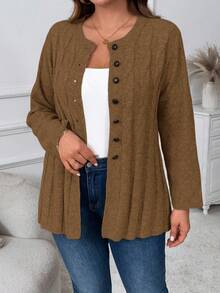 Plus Size Women Cable Pattern Long Sleeve Casual Knit Cardigan, Autumn/Winter - Camel - View 1