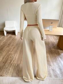 SHEIN EZwear 浅杏色针织休闲女两件套 - 杏色 - 查看 2
