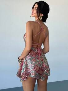 Firerie Women's Backless Sequin Geometric Print Bodycon Dress Mini Pink Green Party Vacation Wedding Guest Women,Summer Dresses For - Multicolor - View 6